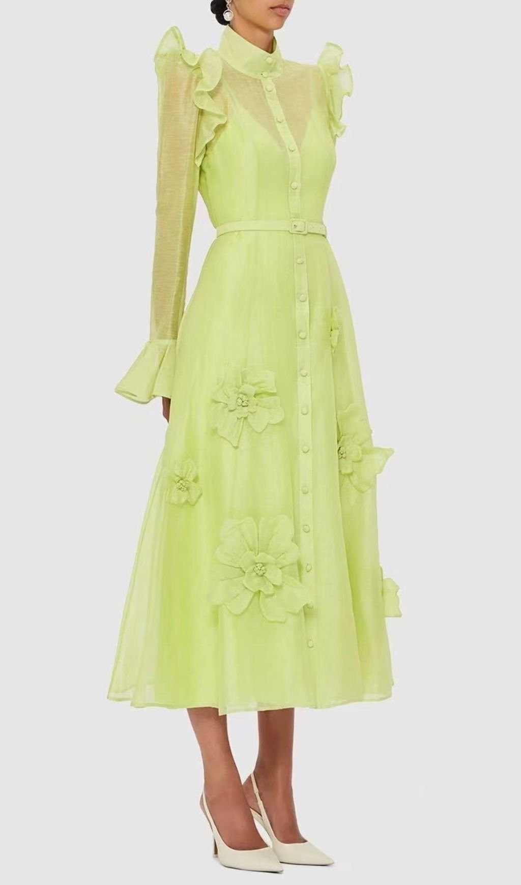 Elula Enchanting Lime Green 3D Floral Ruffled Midi Dress