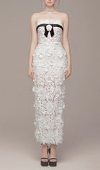 Eviana White Strapless 3D Floral Applique Maxi Dress with Black Bow