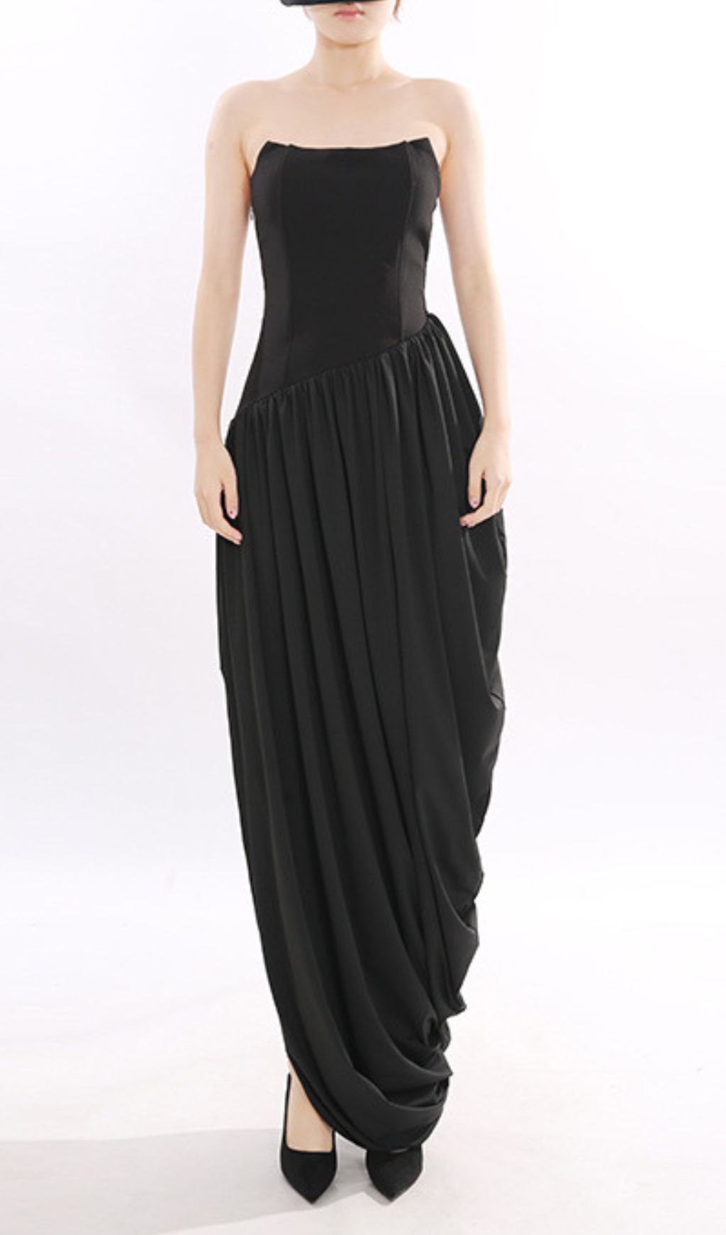 Jethra Black Strapless Asymmetrical Maxi Dress