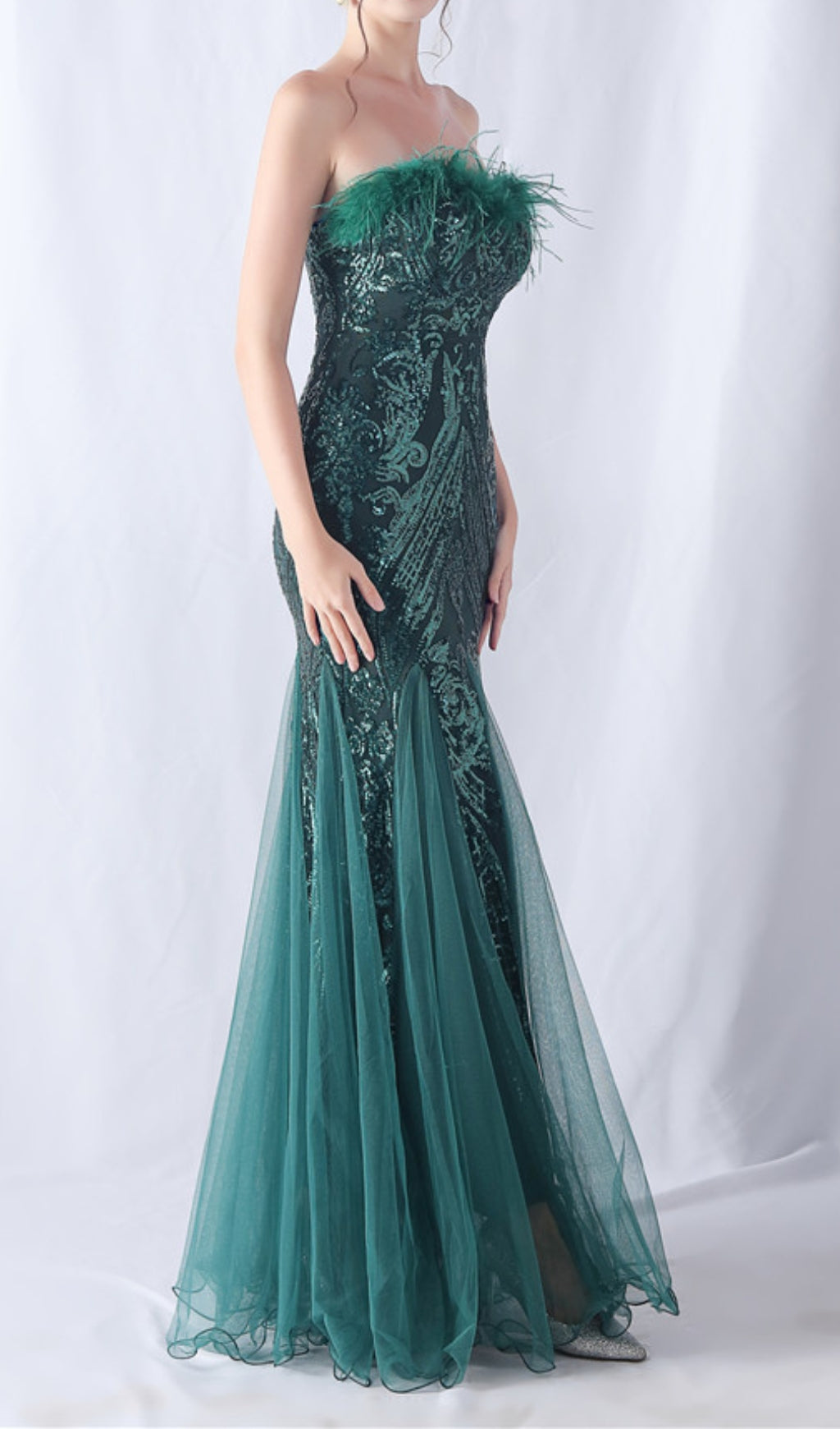 Choire Emerald Green Sequin Feather Mermaid Maxi Gown