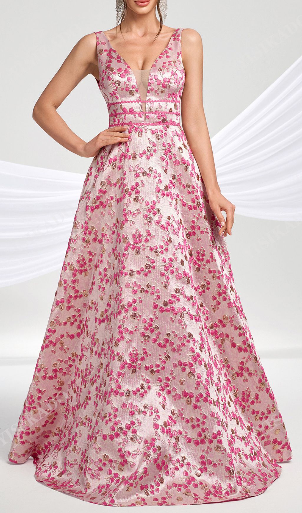 Hamida Enchanting Pink Floral V-Neck Maxi Dress