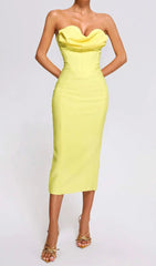 Neon Yellow Strapless Corset Bandage Midi Dress