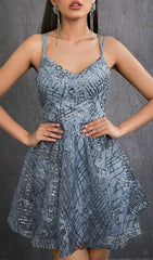 Harumi Luxe Grey Sequin & Floral Embroidery Strappy Mini Dress