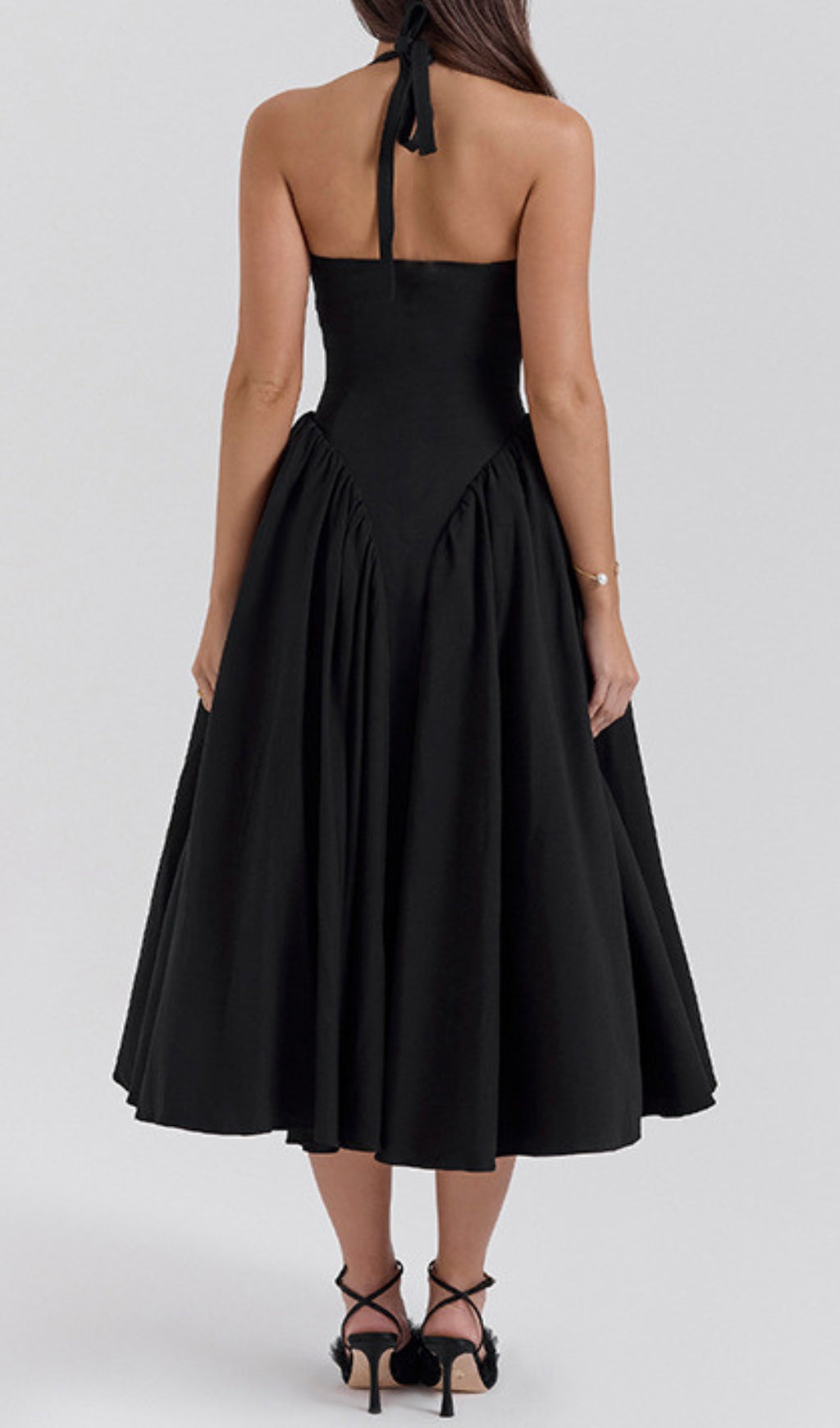 Dierdra Black Halter Deep V-Neck Midi Dress