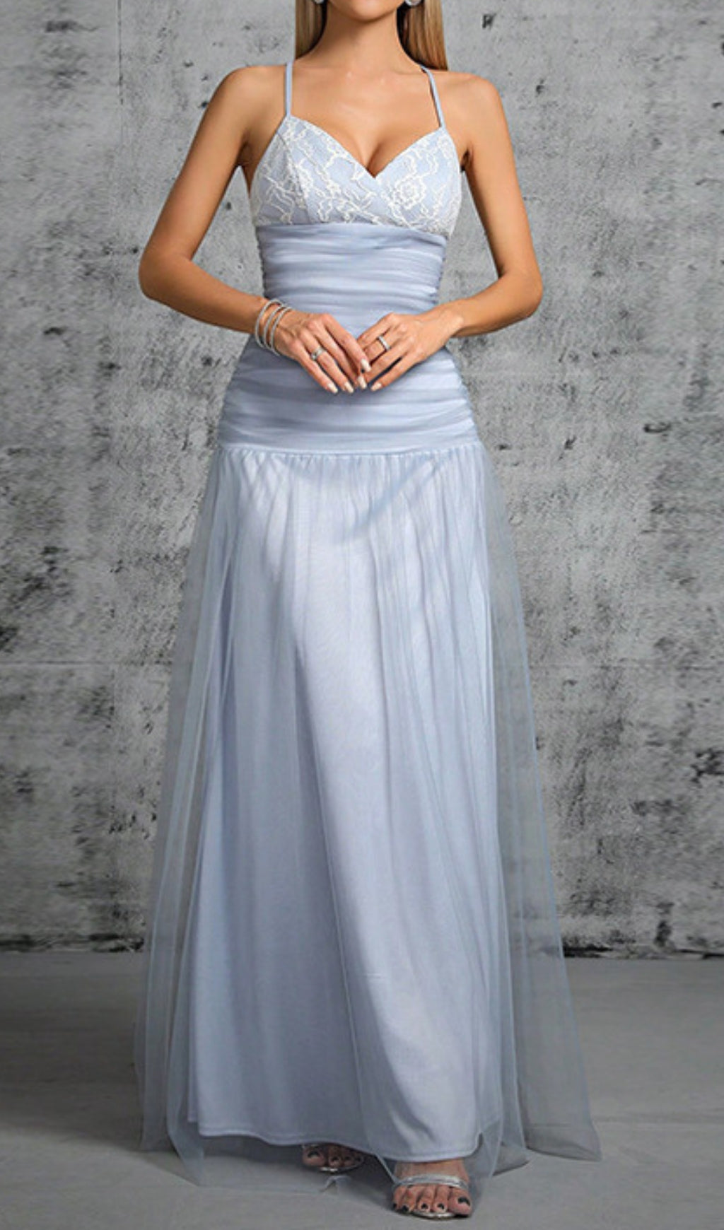 Doman Ethereal Dusty Blue Lace & Mesh Maxi Dress