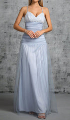 Doman Ethereal Dusty Blue Lace & Mesh Maxi Dress