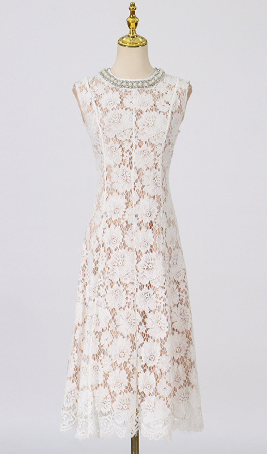 Chic Pearl & Crystal Trim Lace Midi Dress for Women