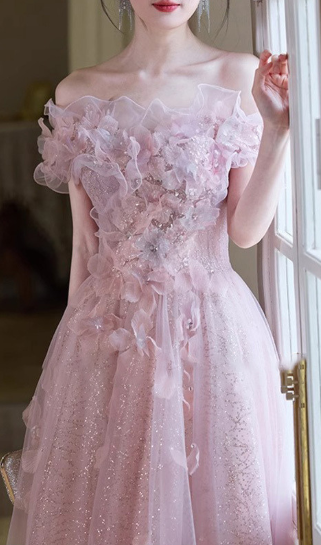Hanne Enchanting Blush Pink Floral Off-Shoulder Maxi Gown