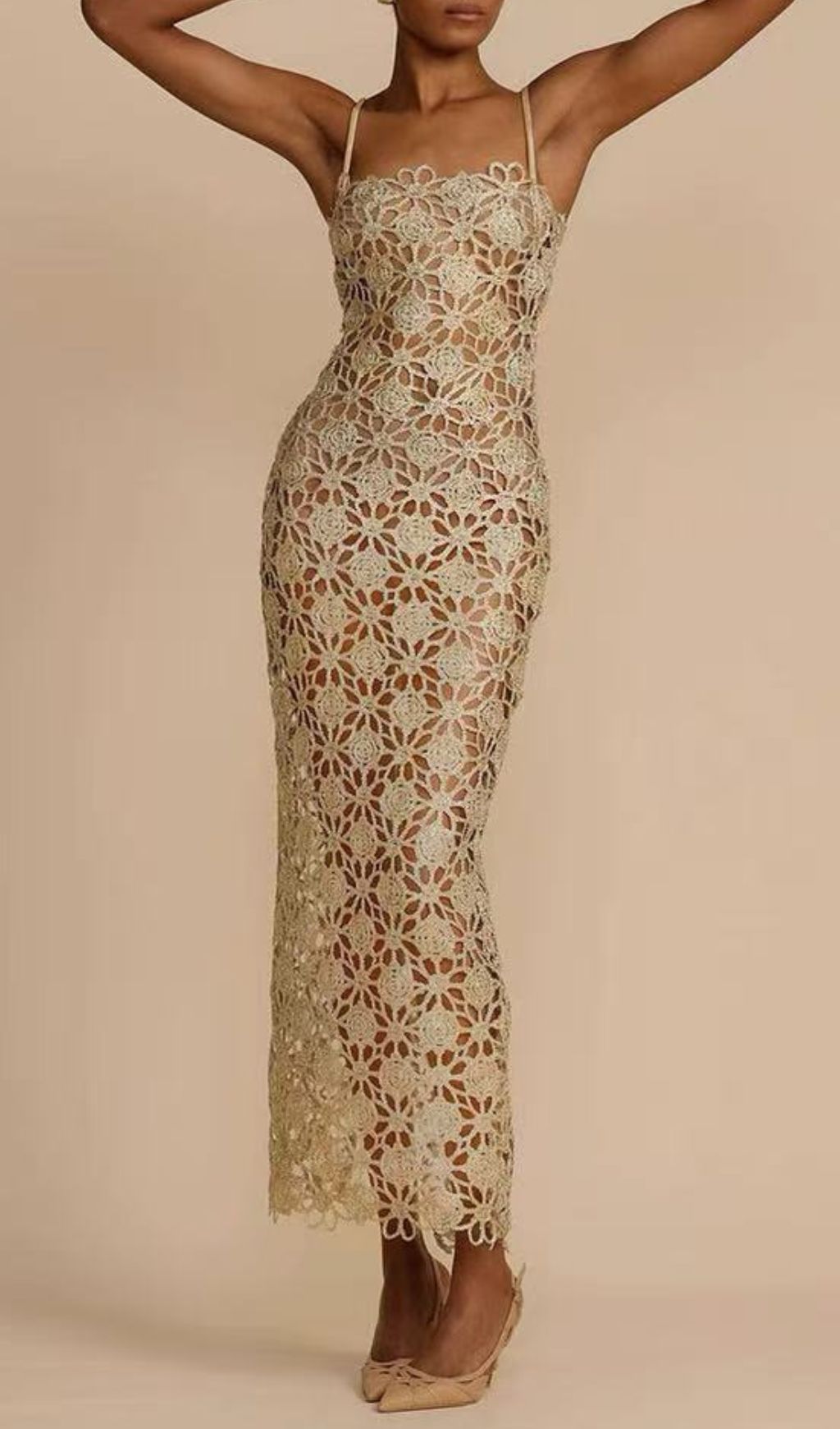 Kakalina Golden Crochet Maxi Dress