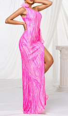 Floriza Dazzling Pink One-Shoulder Sequin Slit Maxi Dress