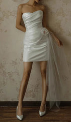 Colissa Strapless Sparkle Mini Dress with Floral Tulle Drape