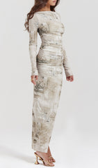 Chic Ruched Long Sleeve Printed Midi Dress