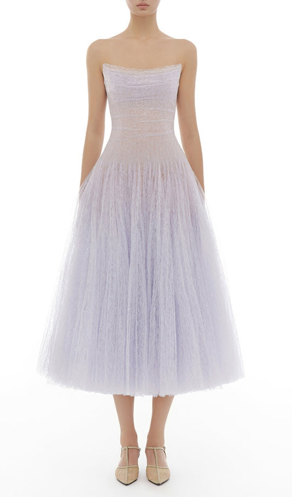 Estevan Shimmering Lavender Tulle & Lace Midi Dress
