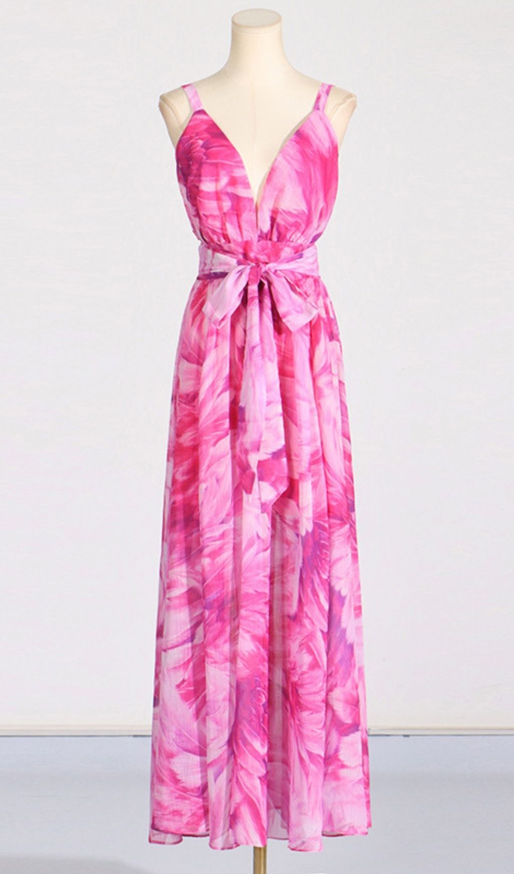 Etana Vibrant Pink Feather Print Halter Maxi Dress
