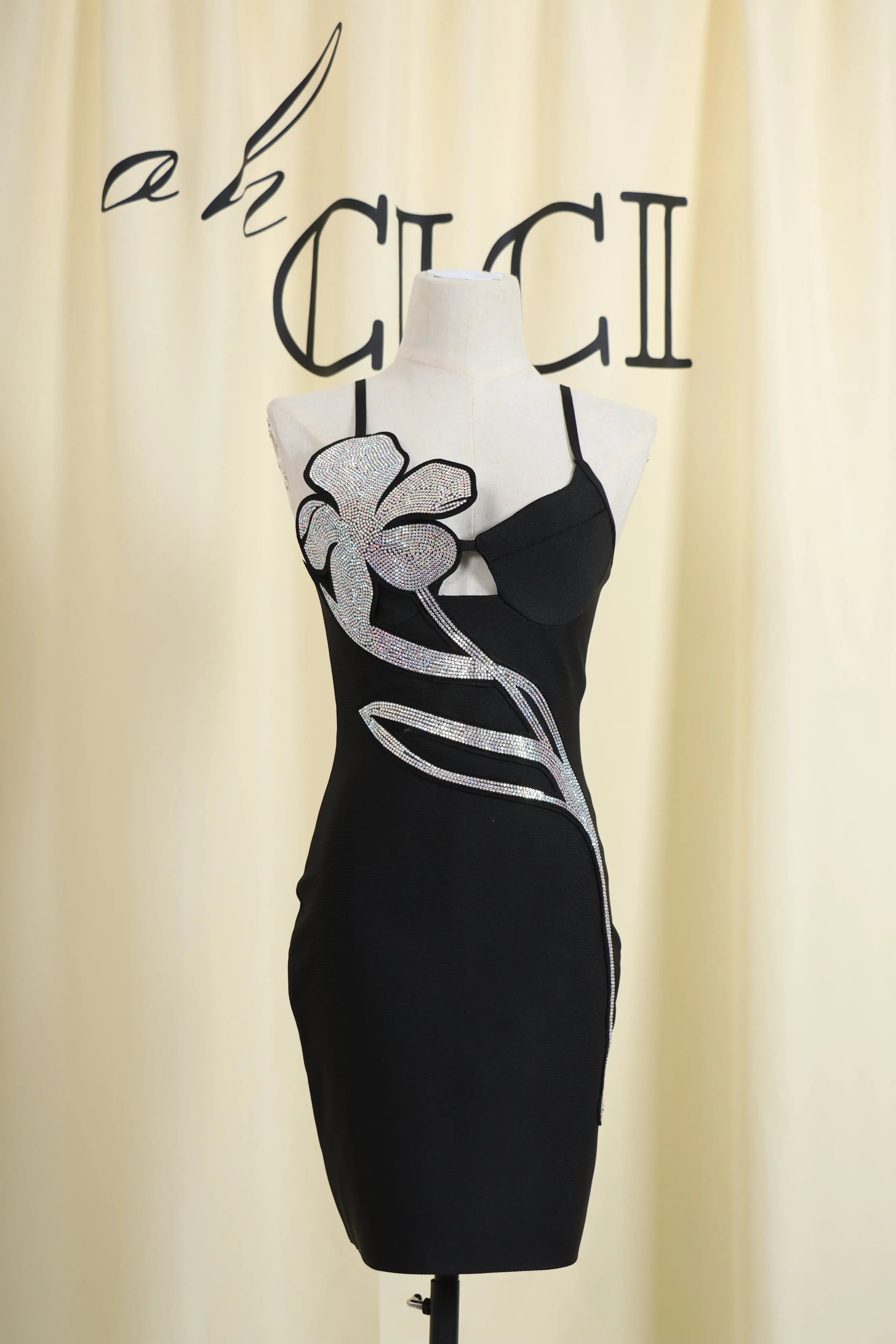 Sparkling Crystal Flower Bodycon Mini Dress for Women