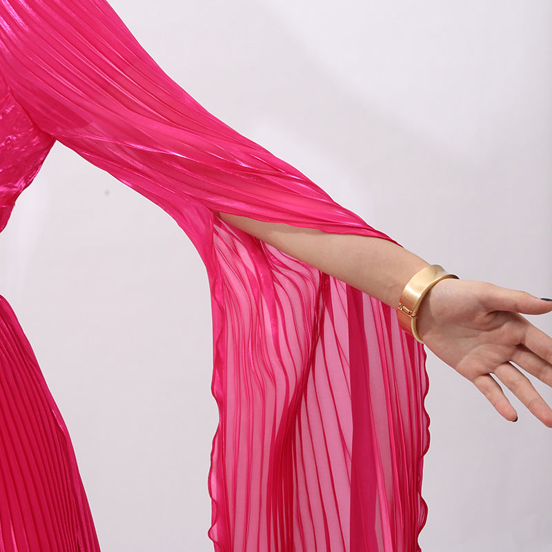 Hodaya Vibrant Pink Pleated Long Sleeve Maxi Dress