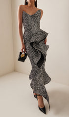 Dazzling Douce Strapless Sequin Ruffle Maxi Dress