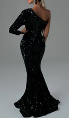 Glamorous Black Sequin One-Shoulder Mermaid Maxi Dress