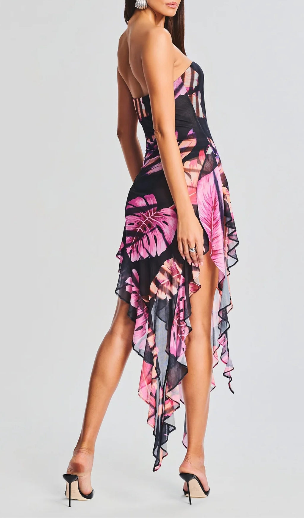 Vibrant Tropical Leaf Print Strapless High-Low Dress for Women