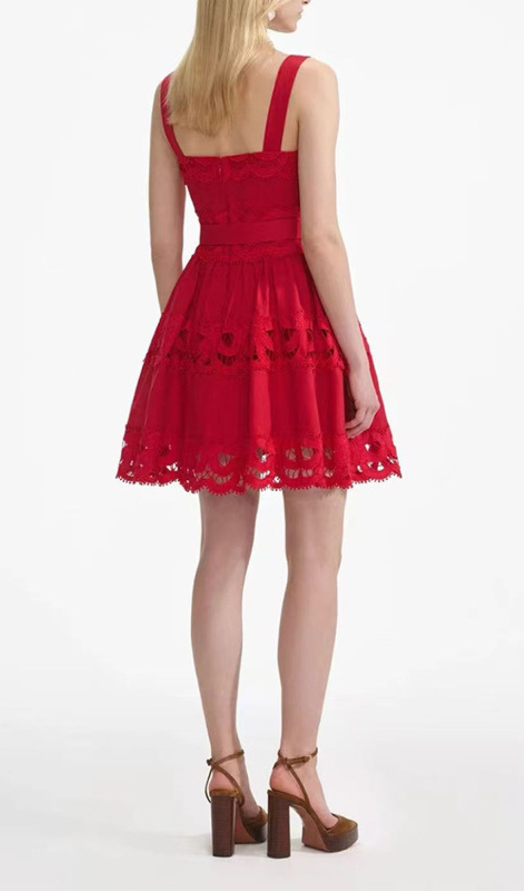 Evodia Flirty Red Embroidered Mini Dress with Chic Eyelet Cutouts & Belt