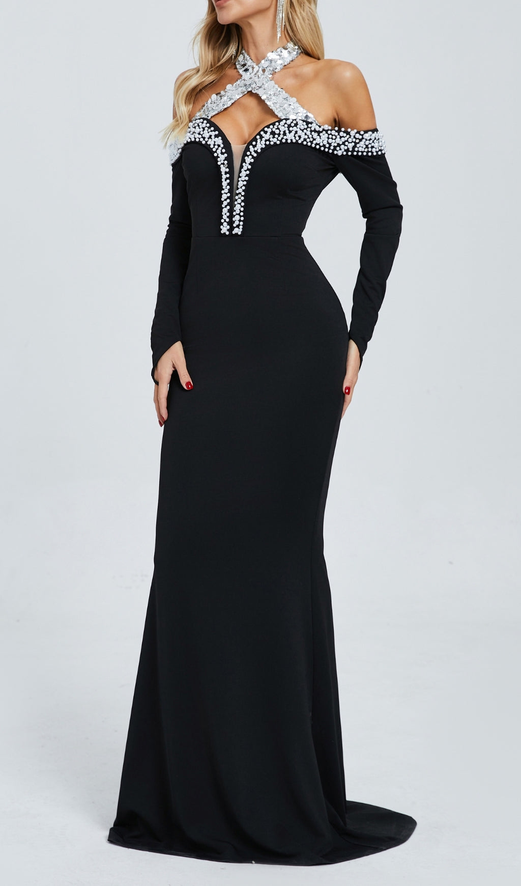 Damir Glamorous Beaded Off-Shoulder Long Sleeve Maxi Dress