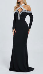Damir Glamorous Beaded Off-Shoulder Long Sleeve Maxi Dress