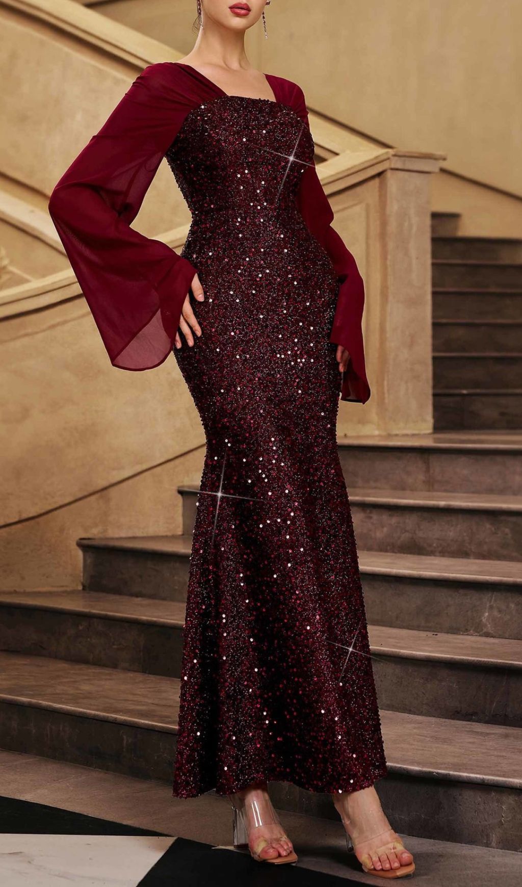 Honovi Dazzling Wine Sequin Long Sleeve Maxi Dress