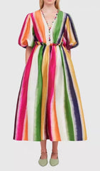Erix Vibrant Rainbow Stripe Puff-Sleeve Midi Dress