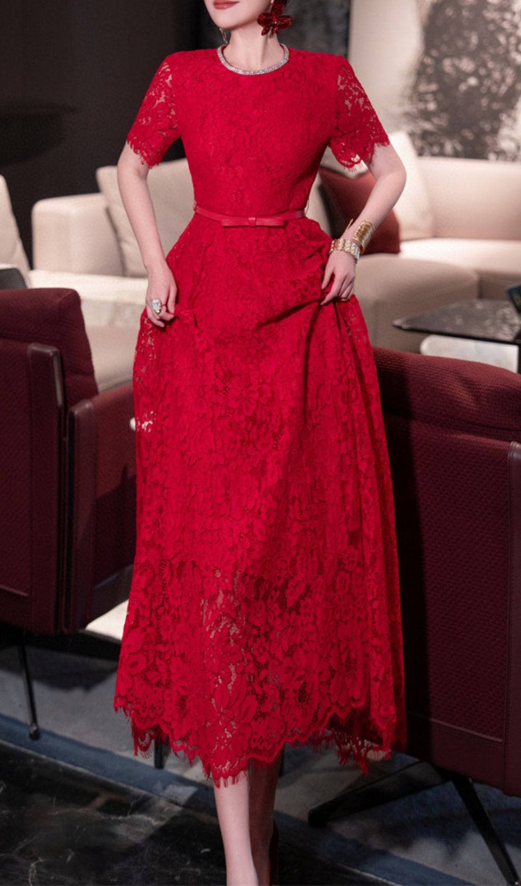 Stunning Hilary Red Lace Midi Dress