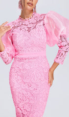 Aithne Glamorous Pink Lace Midi Dress with Dramatic Organza Puff Sleeves