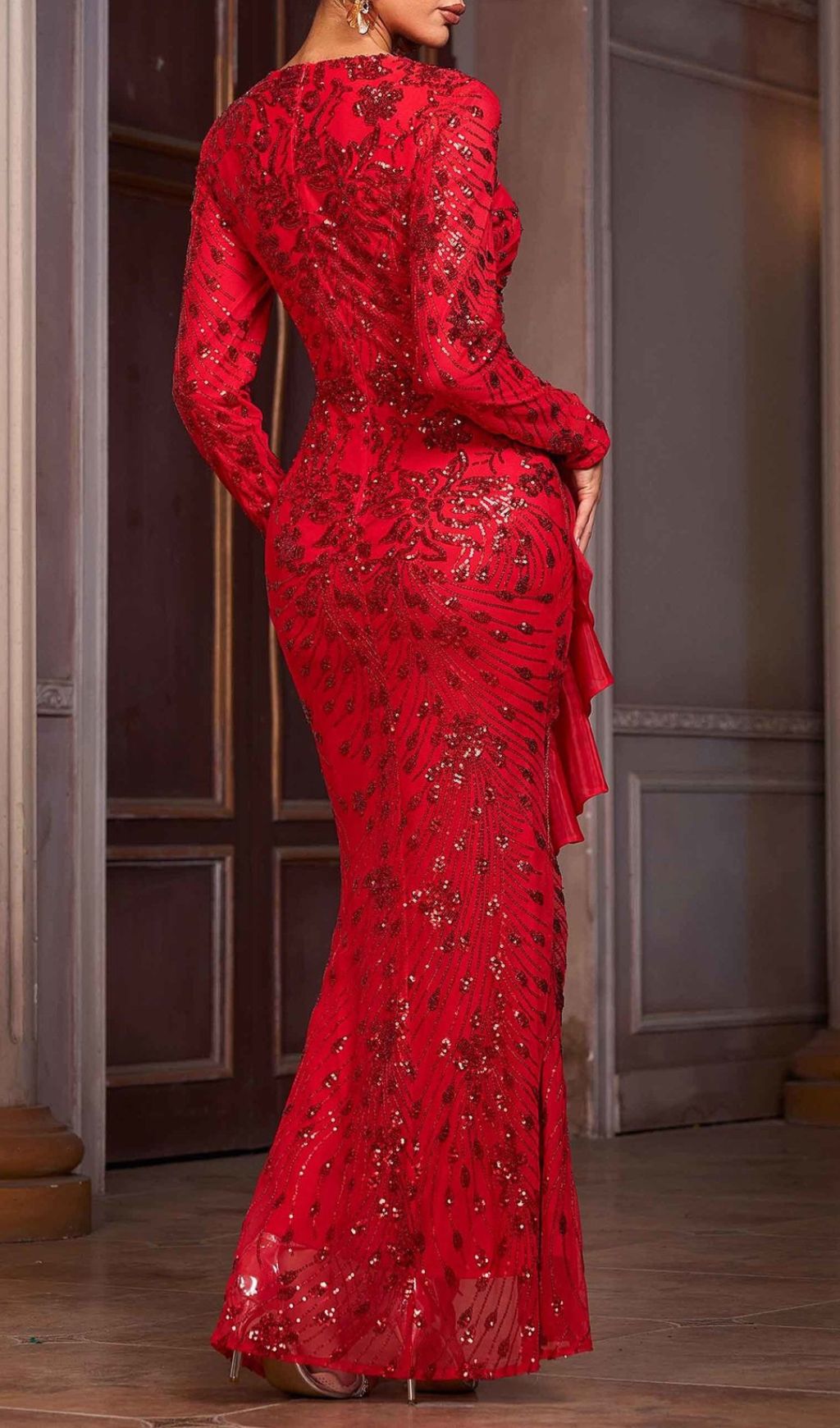 Dazzling Helaine Red Sequin Long Sleeve Maxi Dress