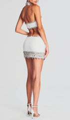 Bella White Sparkle & Glam Rhinestone Halter Cutout Mini Dress