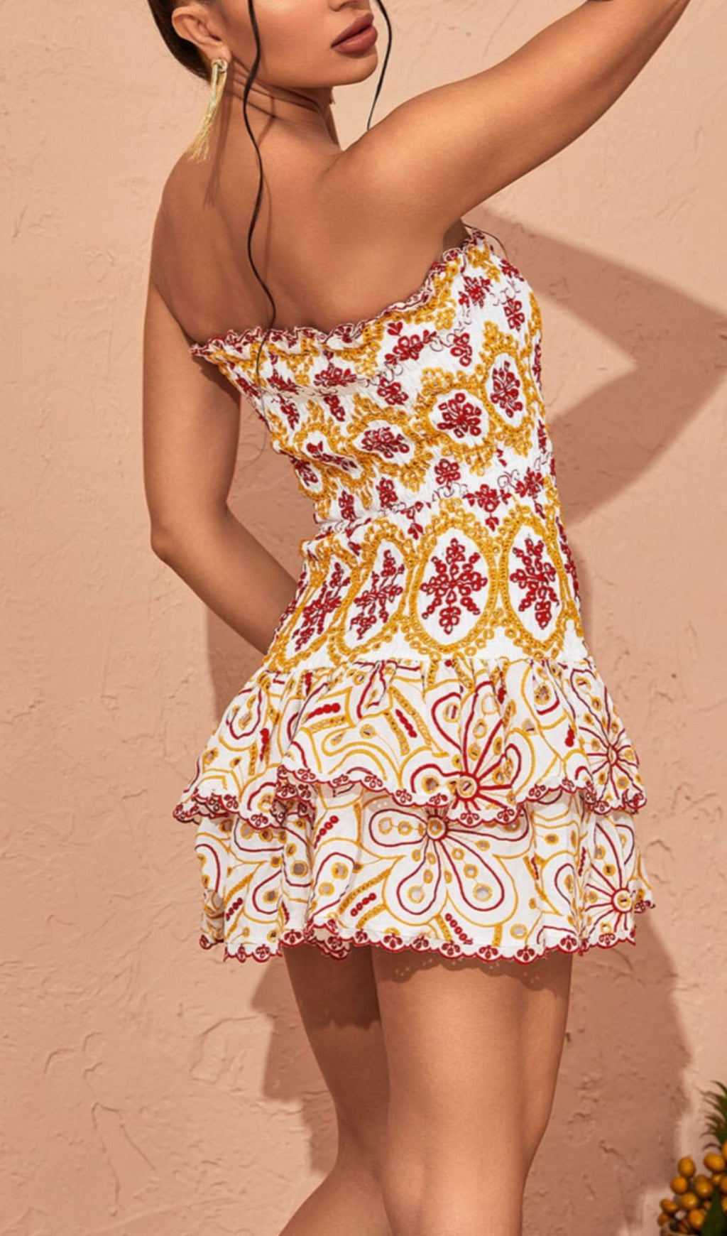 Embroidered Boho Strapless Ruffle Mini Dress for Women