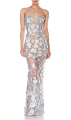 Decla Blue Enchanting 3D Floral Illusion Maxi Gown