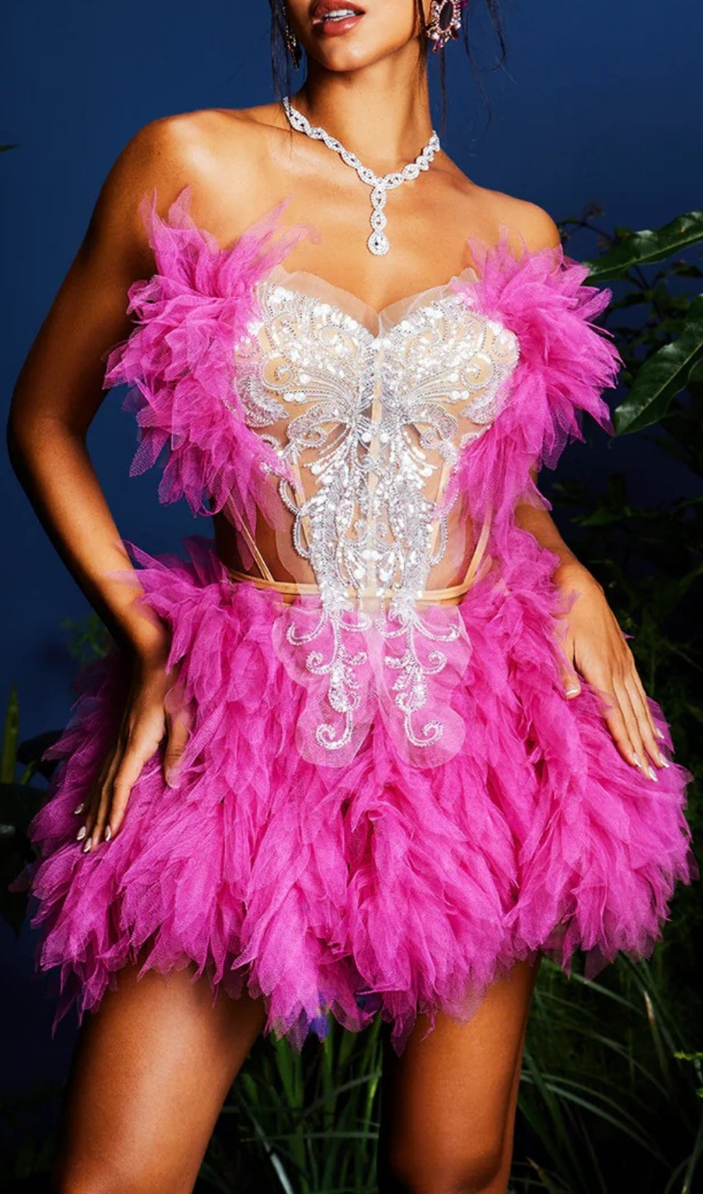 Jolleen Hot Pink Strapless Embellished Tulle Mini Set