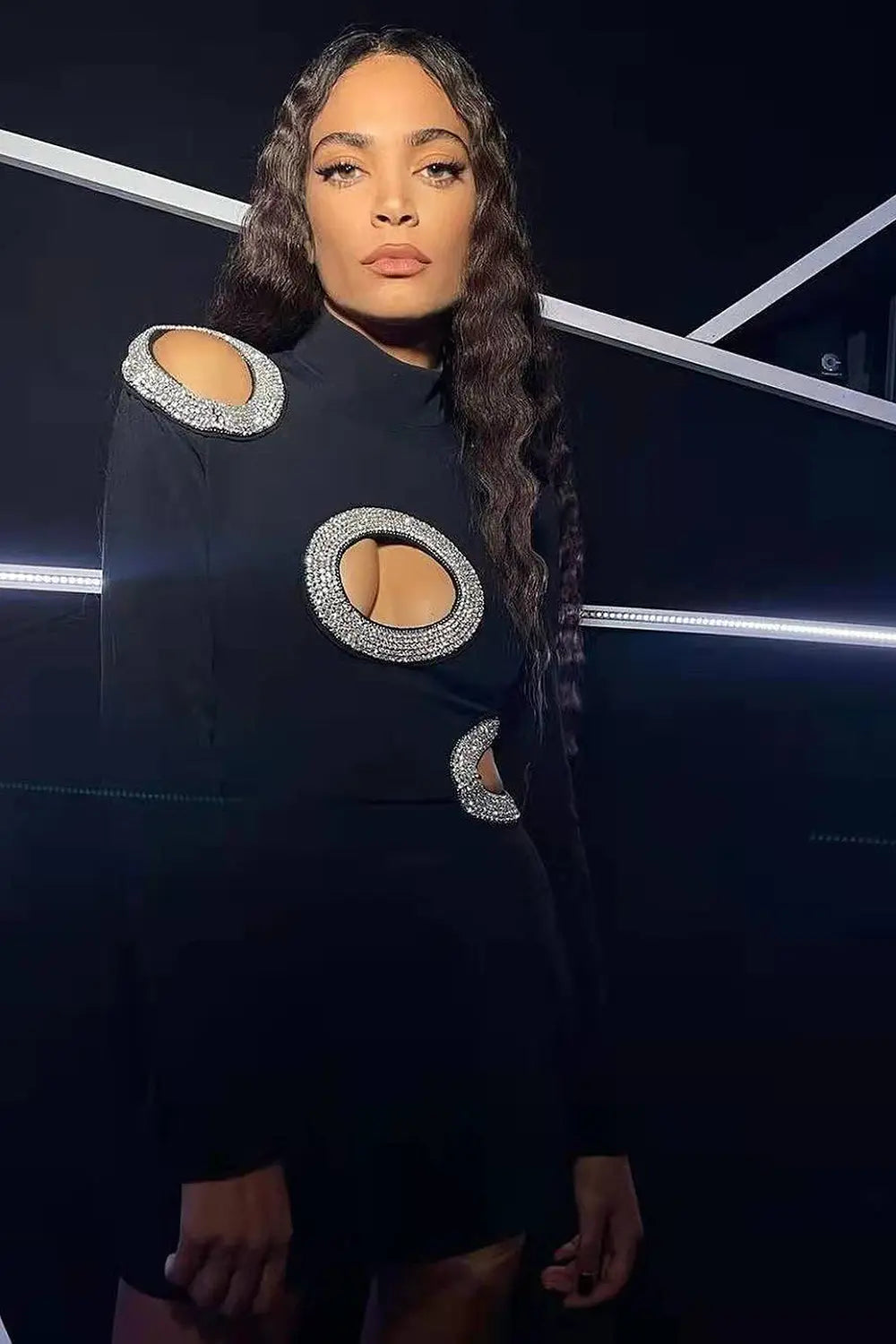 Daring Black Beaded Ring Cutout Bandage Mini Dress