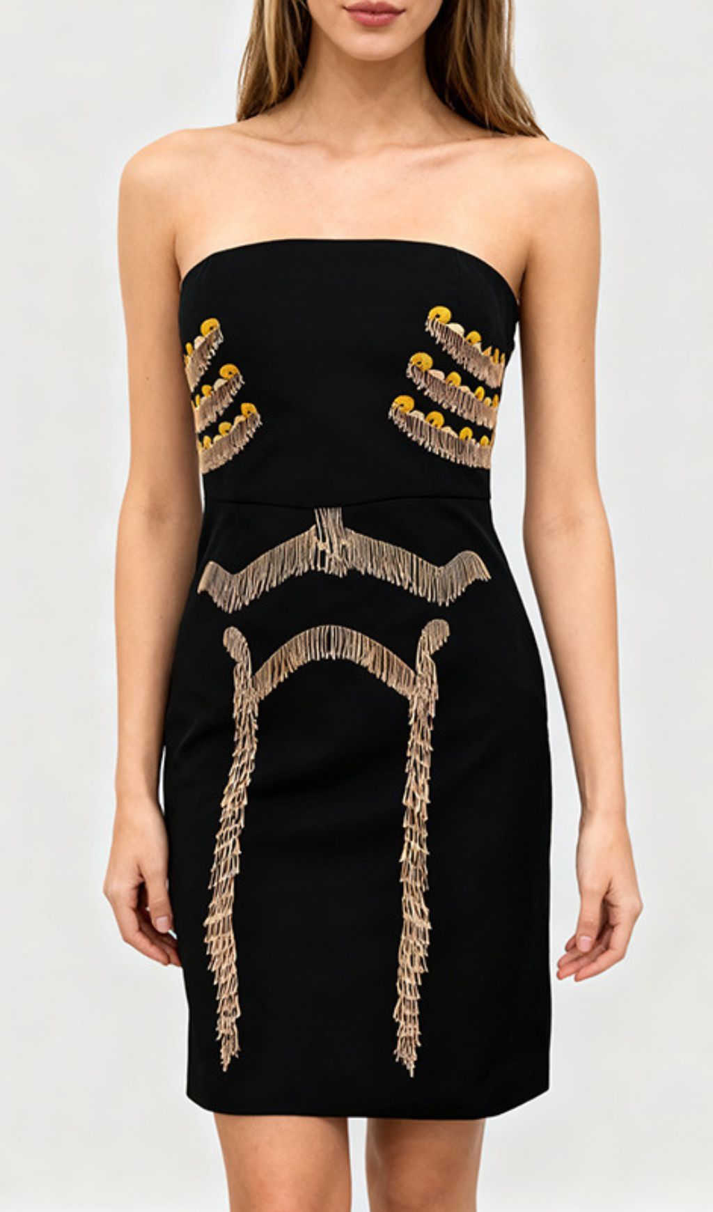 Julissa Black Strapless Tassel Mini Dress