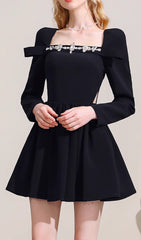 Cathal Dazzling Crystal Black Mini Dress with Long Sleeves & Chic Cut-Outs
