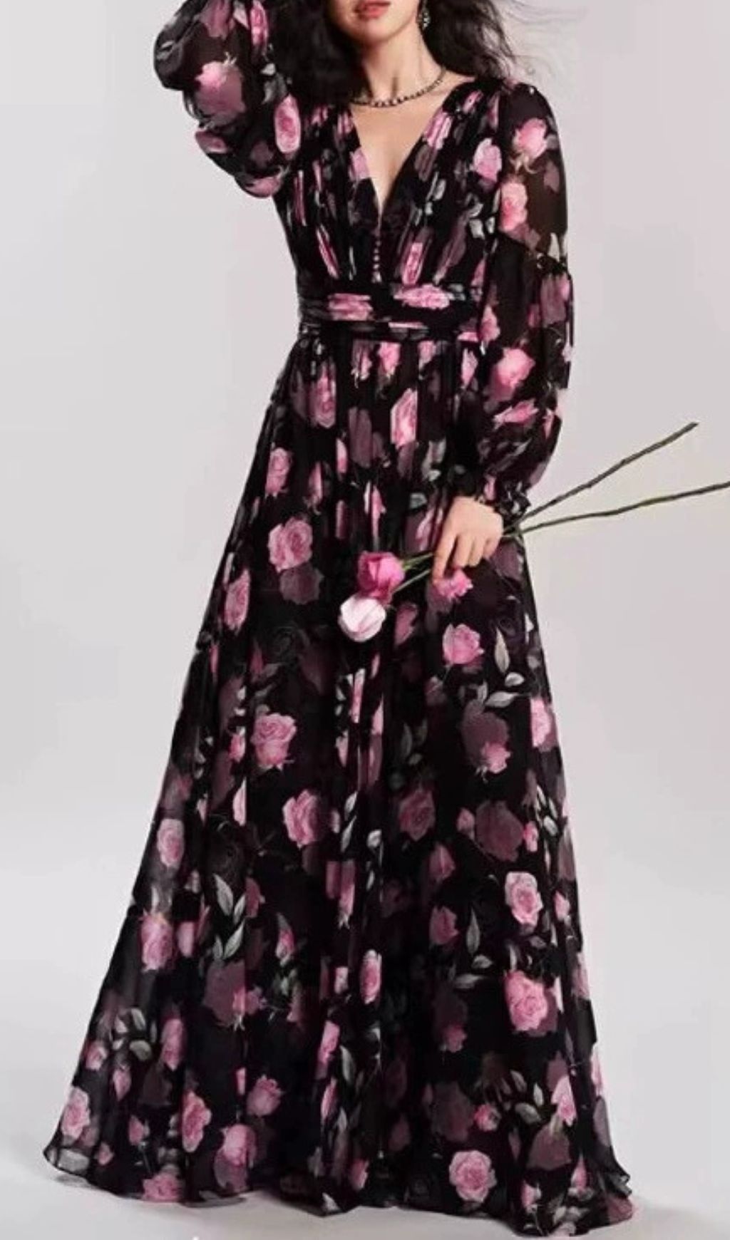 Romantic Pink Rose Floral Long Sleeve Maxi Dress