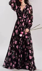 Romantic Pink Rose Floral Long Sleeve Maxi Dress