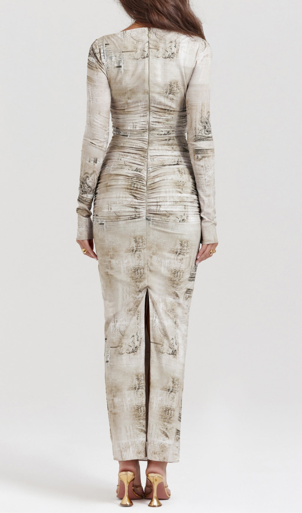 Chic Ruched Long Sleeve Printed Midi Dress