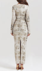 Chic Ruched Long Sleeve Printed Midi Dress