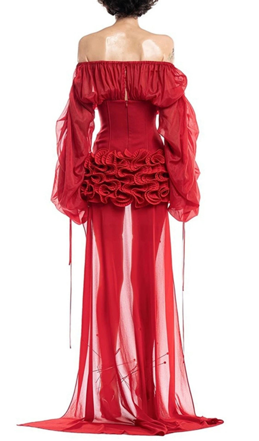 Francesca Red Siren Corset Mesh Mini Dress with Dramatic Sheer Train