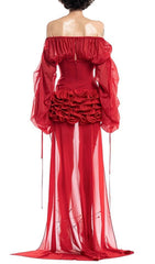 Francesca Red Siren Corset Mesh Mini Dress with Dramatic Sheer Train