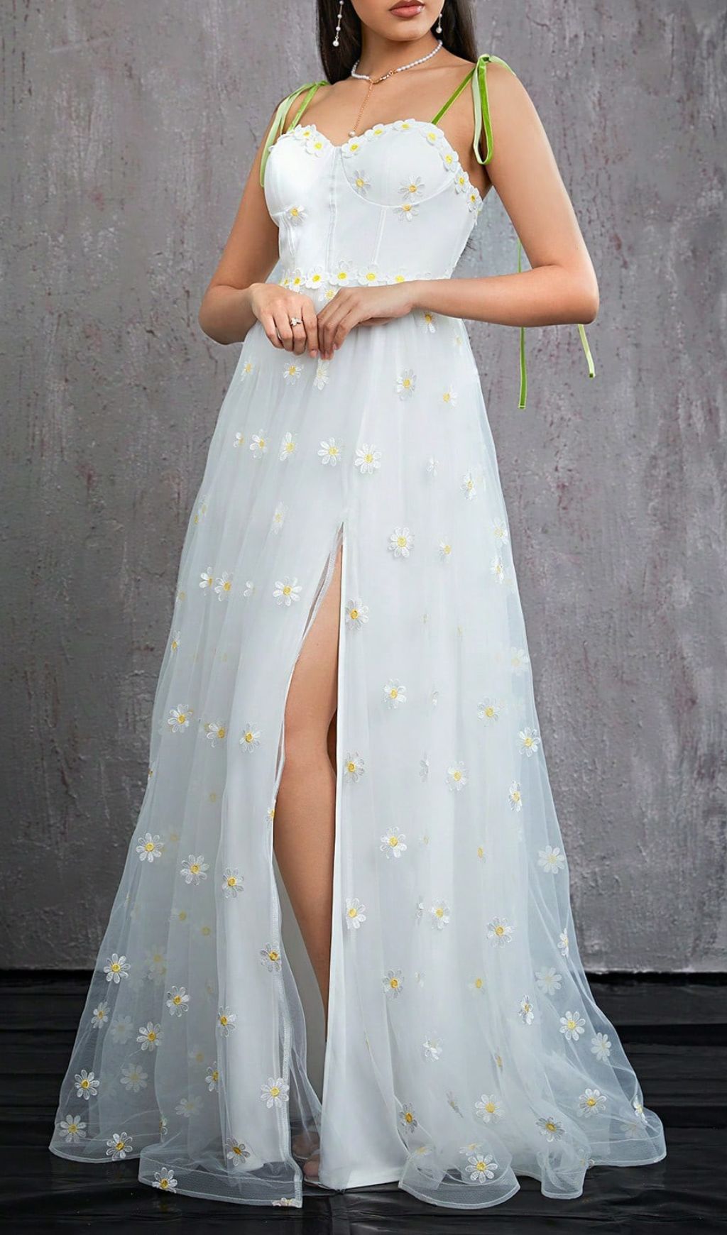 Hisayo Ethereal White Daisy Maxi Dress with Slit