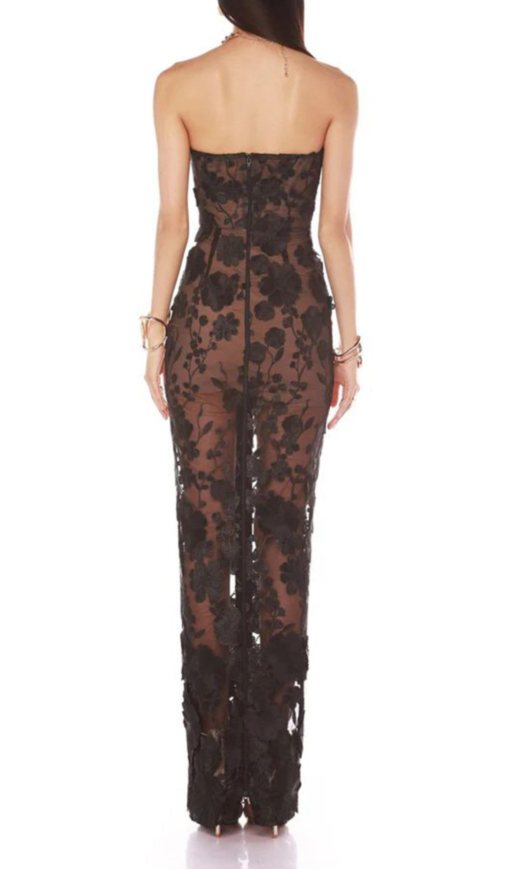 Decla Black Strapless 3D Floral Maxi Gown