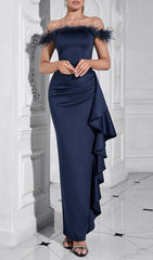 Glamorous Feather Off-Shoulder Ruched Maxi Dress