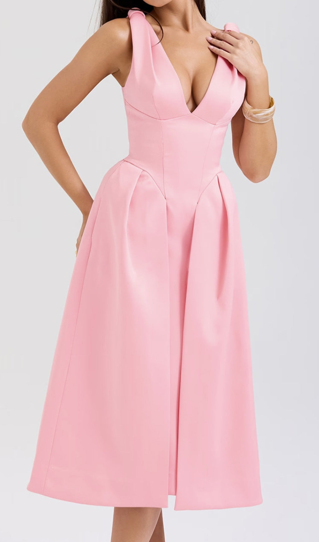 Dilanne Pink V-Neck Pleated Midi Dress