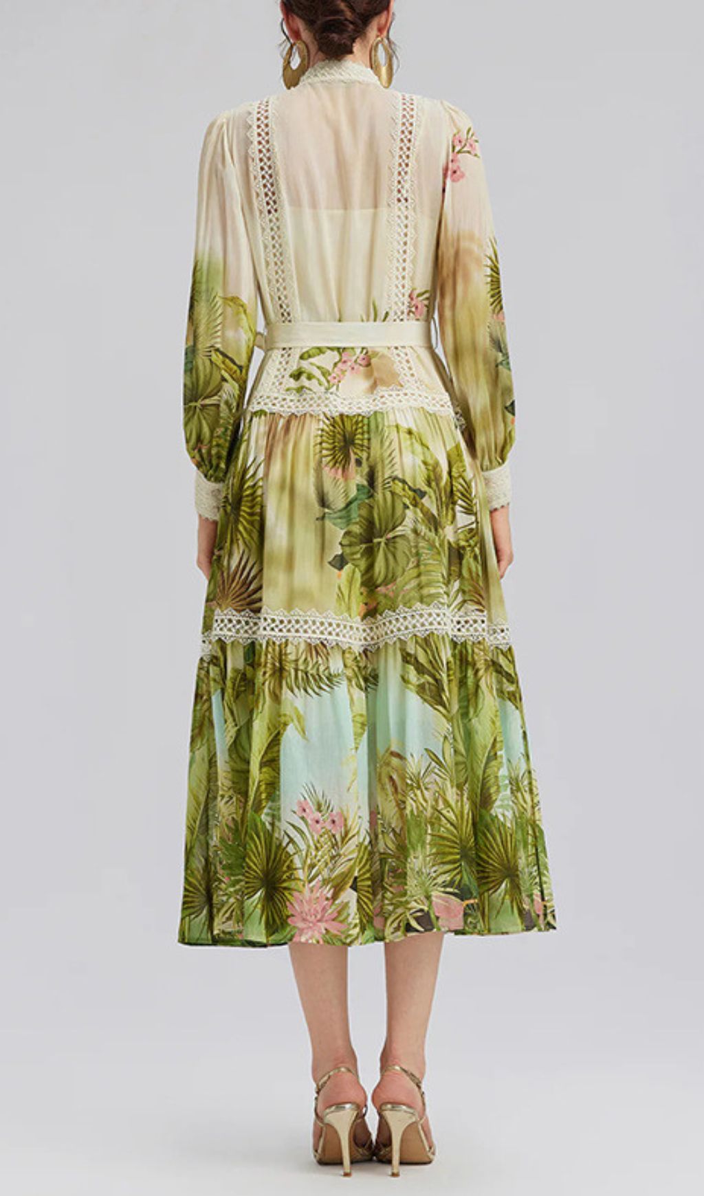 Elegant Tropical Hibiscus Print Tiered Midi Dress with Lace & Tie-Waist