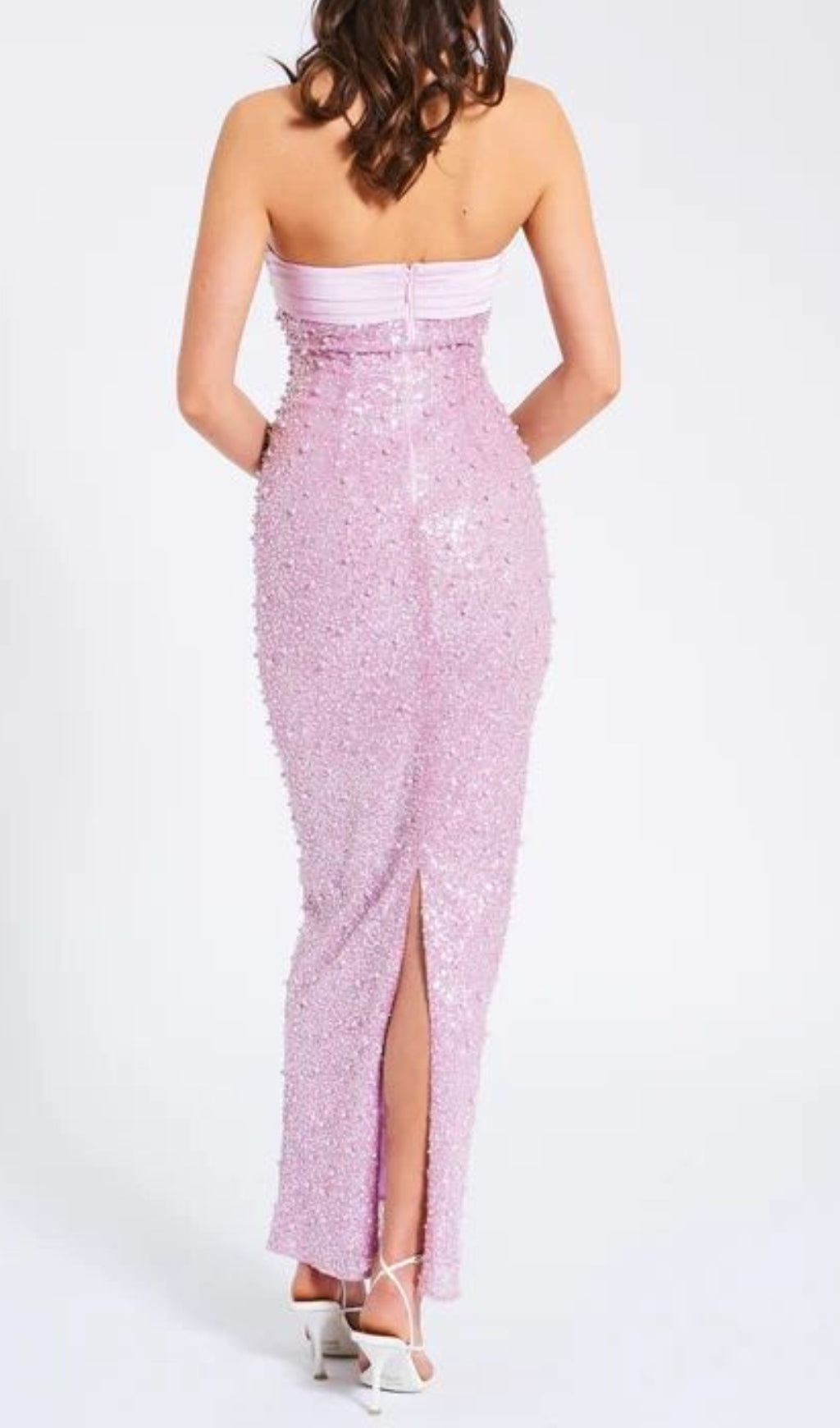 Alazne Glamorous Purple Sequin & Pearl Strapless Maxi Dress